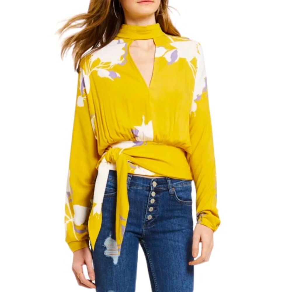 Free People Say You Love Me Yellow Floral Tie Smocked Waist Top NEW SIZE SMALL